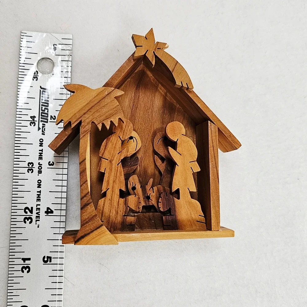 Handcrafted‎ Olive Wood Nativity Scene Stable Silhouette Christmas Decor 4.5